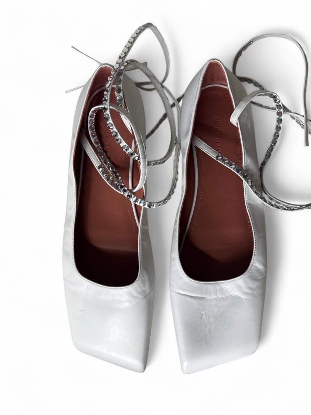 AMINA MUADDI
Ane Lace-Up Leather Flats with silver rhinestone strap